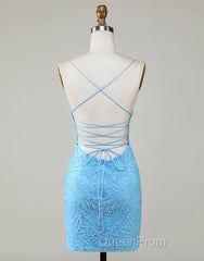 Sparkly Blue Beaded Lace Up Tight Short Homecoming Dresses