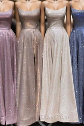 A-Line Sparkle Split Backless Evening Dresses Long Evening Prom Dresses With Pocket