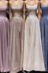 A-Line Sparkle Split Backless Evening Dresses Long Evening Prom Dresses With Pocket