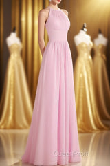Pink Chiffon Halter Sleeveless A-Line Long Bridesmaid Dresses