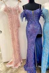 Sequin Feather Cold-Shoulder Mermaid Long Evening Prom Dresses with Slit