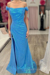Blue Sequin Off-the-Shoulder Mermaid Long Evening Prom Dresses with Slit
