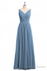 Simple Dusty Blue V-Neck Backless A-Line Long Bridesmaid Dress