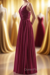Wine Red Chiffon A-line Long Pleated Bridesmaid Dresses