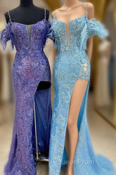 Sequin Feather Cold-Shoulder Mermaid Long Evening Prom Dresses with Slit