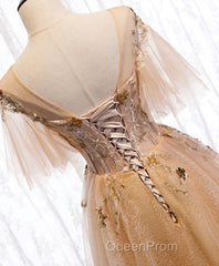 Champagne Round Neck Tulle Lace Long Evening Prom Dresses, Formal Dresses