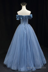 Blue Tulle Beaded Long Prom Dress, Elegant A-Line Blue Evening Dress