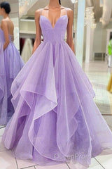 Purple V Neck Sleeveless A Line Tulle Sequin Evening Prom Dresses