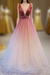 A-Line Burgundy V Neck Tulle Sequin Long Evening Prom Dresses Burgundy Evening Dresses