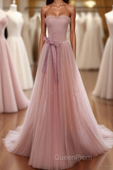 Simple Pink Tulle Long Evening Prom Dresses, Pink Tulle Formal Dresses, 1