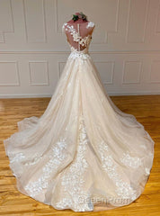 Champagne Sleeveless Round Neck Tulle Lace Long Evening Prom Dresses