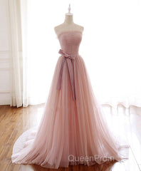 Simple Pink Tulle Long Evening Prom Dresses, Pink Tulle Formal Dresses, 1