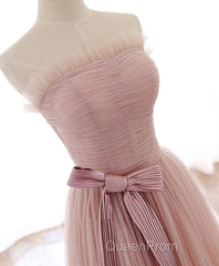 Simple Pink Tulle Long Evening Prom Dresses, Pink Tulle Formal Dresses, 1