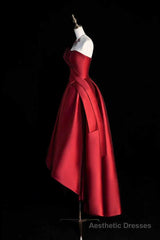 Burgundy Strapless Satin Party Dress, A-Line High Low Evening Dress