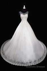 2025 A Line Wedding Dresses, Scoop Tulle With Applique And Beads Lace Up