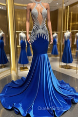 Royal Blue Halter Sleeveless Mermaid Evening Prom Dresses With Beadings Velvet