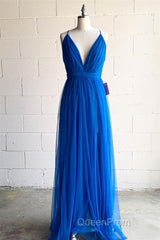 A-line V-Neck Pleated Tulle Long Bridesmaid Dresses with Slit
