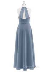 Dusty Blue Chiffon Halter Backless Ruffled Long Bridesmaid Dresses