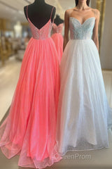 A-line Sparkly Plunging V-Neck Spaghetti Straps Sequins Top Long Evening Prom Dresses