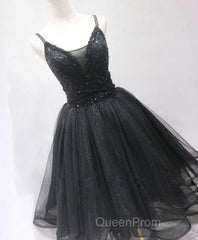 Black Tulle Beads Short Evening Prom Dresses, Black Homecoming Dresses