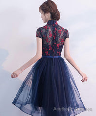 Blue Tulle Lace High Low Prom Dress, Blue Homecoming Dress