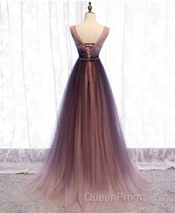 Simple V Neck Tulle Long Evening Prom Dresses, Tulle Evening Dresses