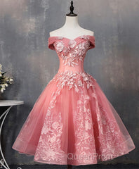 Pink Tulle Lace Off Shoulder Short Evening Prom Dresses, Pink Homecoming Dresses