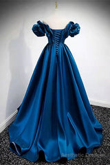 A-Line Dark Blue Off-the-Shoulder Stain Prom Gown