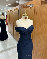 Long Mermaid Prom Dress Navy Blue Off-the-shoulder Sweetheart Sleeveless