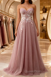 A-Line Sweetheart Neckline Long Evening Prom Dresses With Appliques