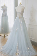 A-Line Tulle Lace Appliques Sweetheart Long Evening Prom Dresses, Strapless Evening Dresses