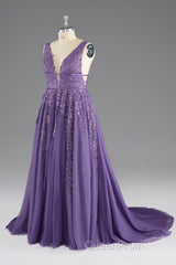 A-line V-Neck Lace Appliques Long Evening Prom Dresses