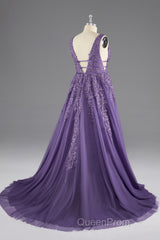 A-line V-Neck Lace Appliques Long Evening Prom Dresses