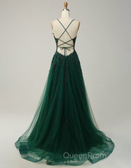 A-Line Tulle Spaghetti Straps Appliques Long Evening Prom Dresses with Alit