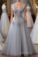 Grey V-Neckline Tulle With Lace Long Formal Dresses, Grey A-Line Evening Prom Dresses