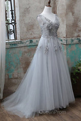 Grey V-Neckline Tulle With Lace Long Formal Dresses, Grey A-Line Evening Prom Dresses