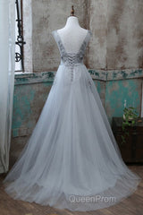 Grey V-Neckline Tulle With Lace Long Formal Dresses, Grey A-Line Evening Prom Dresses