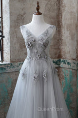 Grey V-Neckline Tulle With Lace Long Formal Dresses, Grey A-Line Evening Prom Dresses