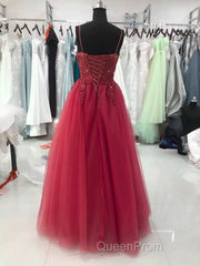 Wine Red Tulle Straps Lace Applique Long Formal Dresses, Wine Red Evening Prom Dresses