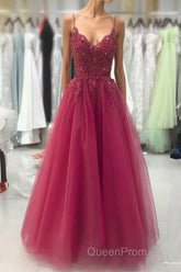 Wine Red Tulle Straps Lace Applique Long Formal Dresses, Wine Red Evening Prom Dresses