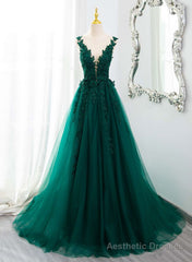 Dark Green V-neckline Lace Long Beaded Prom Dress, Dark Green Party Dress