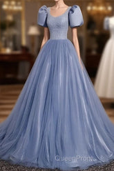 Ball Gown Dusty Blue Evening Prom Dresses with Bubble Sleeves