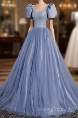 Ball Gown Dusty Blue Evening Prom Dresses with Bubble Sleeves