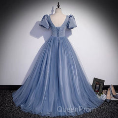 Ball Gown Dusty Blue Evening Prom Dresses with Bubble Sleeves