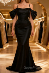 Black Off The Shoulder Criss-Cross Back Long Satin Evening Prom Dresses