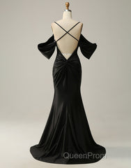 Black Off The Shoulder Criss-Cross Back Long Satin Evening Prom Dresses