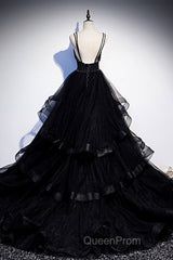 Black Tulle Open Back V Neck Beaded Layered Long Evening Prom Dresses