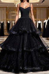 Black Tulle Open Back V Neck Beaded Layered Long Evening Prom Dresses