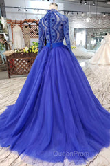 Blue Long Sleeves V Neck Tulle Evening Prom Dresses with Beading