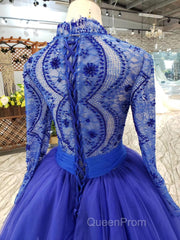 Blue Long Sleeves V Neck Tulle Evening Prom Dresses with Beading